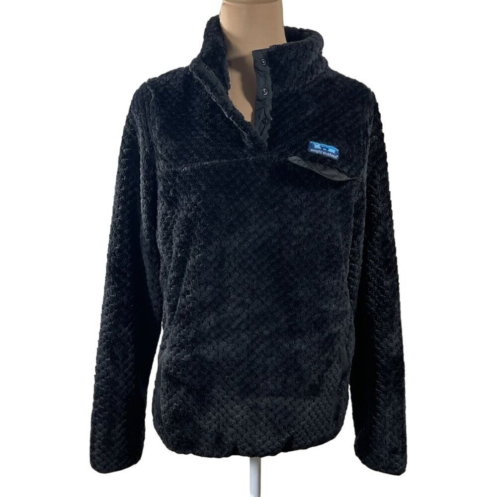 Simply Southern Women's Pullover Sweatshirt Fuzzy Teddy Bear Black Mock Neck M